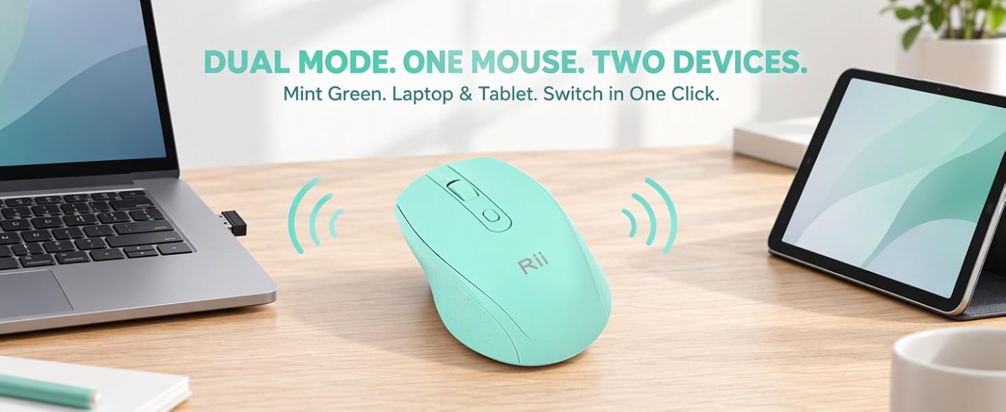 Wide-angle lifestyle scene on a clean modern desk. The mint green wireless mouse sits beside an open