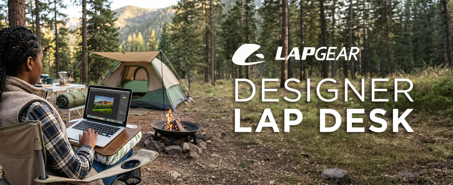 a woman sitting at a camp site using a Designer lap desk to work remotely