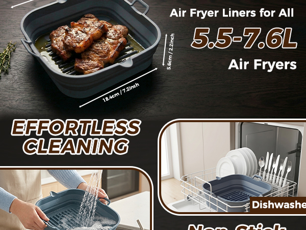 Text reads 'Air Fryer Liners for All 5.5-7.6L Air Fryers' and 'EFFORTLESS CLEANING'. Black square air fryer liner shown in appliance and dishwasher-safe cleaning demonstration for easy maintenance.