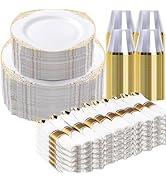 700PCS Gold Plastic Plates for 100 Guests, Disposable Dinnerware Sets Include 200 Gold Rim Plasti...