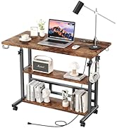 Adjustable Height Standing Desk with Power Outlets, Rolling Stand Up Desk with Storage Shelves, 3...