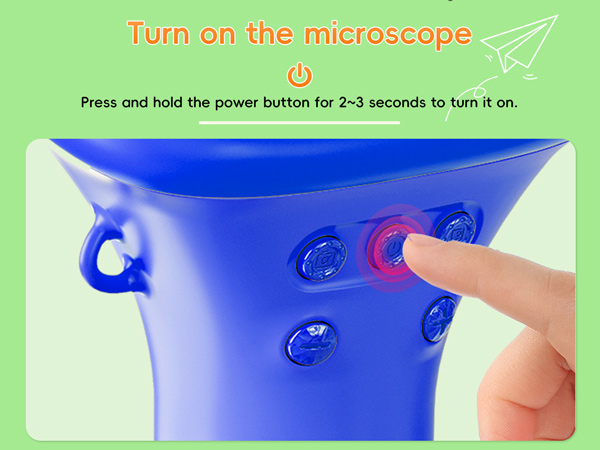 Text reads 'Turn on the microscope' and 'Press and hold the power button for 2-3 seconds to turn it on'. Blue device with instructional steps shown on green background.