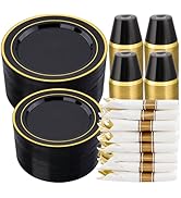realluck 350 PCS Black Plastic Dinnerware Set for 50 Guests, 100 Disposable Plates for Party, 50 ...