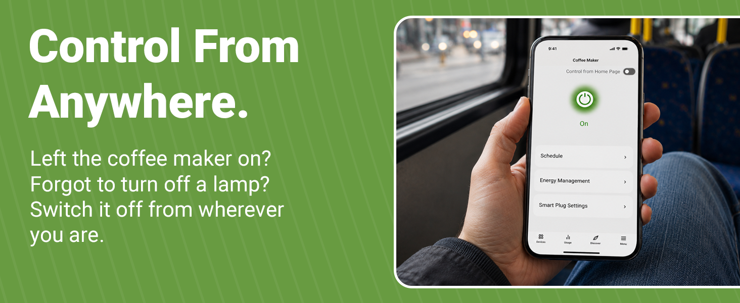 Person on a bus using the Emporia app to remotely control a smart plug from anywhere.