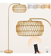 Brilvibera Boho Gold Floor Lamp- Rattan Lamp with Stepless Dimmable Bulb, Mid Century Modern Floo...