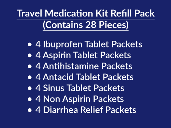 travel medication kit refill pack 28 pieces ibuprofen antacid diphen non aspirin sinus relief