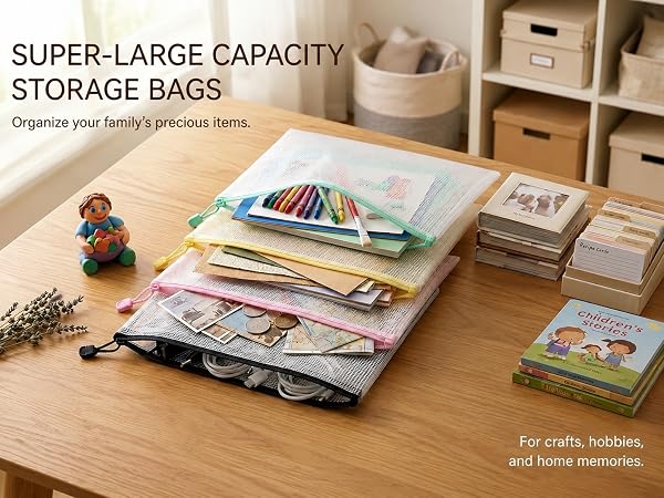 large capacity colorful mesh zipper storage pouches for family craft photo stationery storage