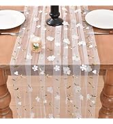 Joanlody White Spring Summer Table Runner 10ft Embroidery Floral Wildflowers Seasonal Rustic Gauz...
