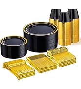 WELLIFE 300 PCS Black and Gold Dinnerware Set for 50 Guests, Disposable Plastic Plates for Party,...