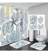 Nkzply 4 Pcs Beach Shower Curtain Set Blue Bathroom Sets with Shower Curtain and Rugs Ocean Seash...
