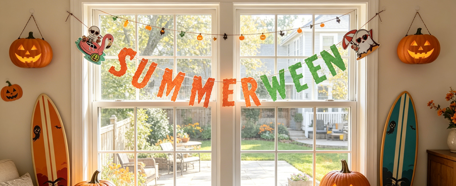 Summerween banner across living room window, light shines through.