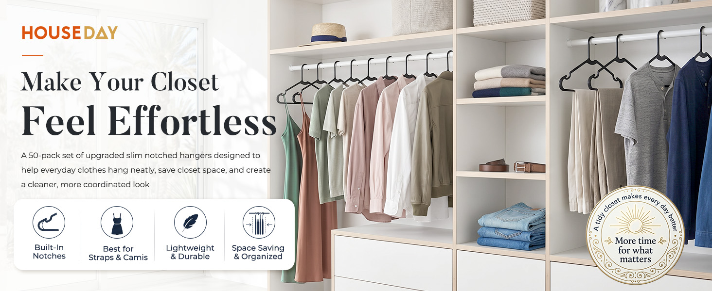 A neatly organized closet with the product hanging on a rod