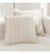 Hckot Set of 2 Decorative Linen Farmhouse Throw Pillow Covers 18×18 Cozy Boho Cushion Cover with ...