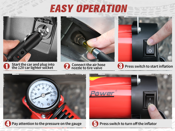 Easy 5 steps to start inflation with 12V tire inflator