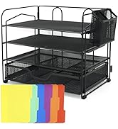 Neudeco Mesh Office Supplies Desk Organize,4-Trays Desk Paper Letter Tray Organizer with Drawer a...
