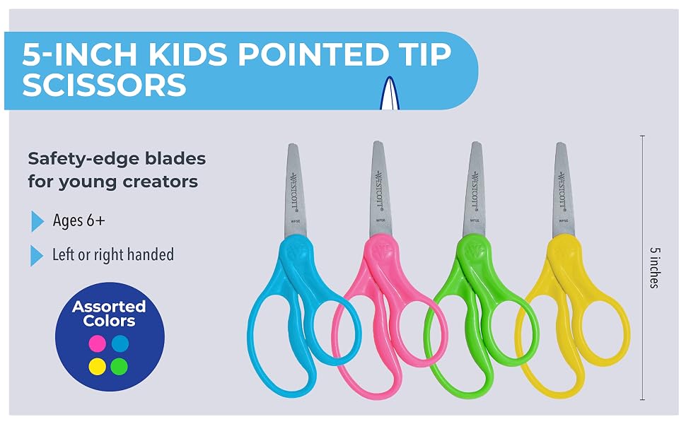 Image of 4 pairs of scissors with text reading 5 inch kids pointed tip scissors.