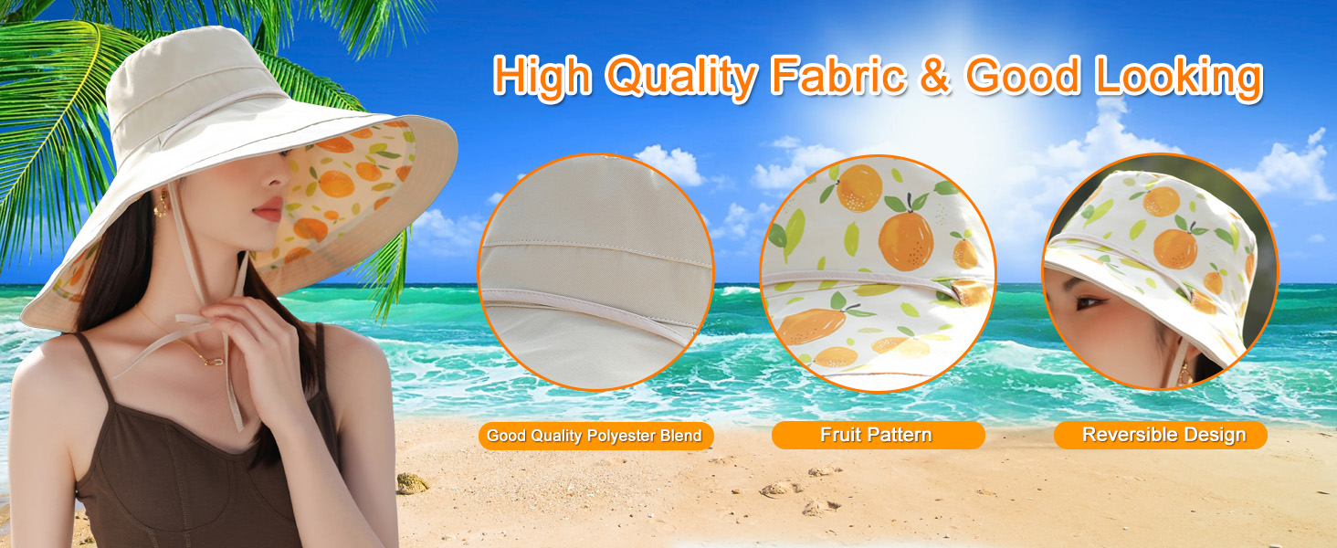 Super Brim Women Sun Hat reversible fruit pattern good polyester blend Beach Bucket Fishing Hats