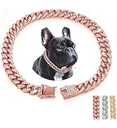 Rose Gold Chain Dog Collar with Bling, Glitter Rhinestone Sparkly Diamond Metal Necklace Cuban Li...