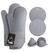 Rorecay Extra Long Oven Mitts and Pot Holders Sets: Heat Resistant Silicone Oven Mittens with Min...