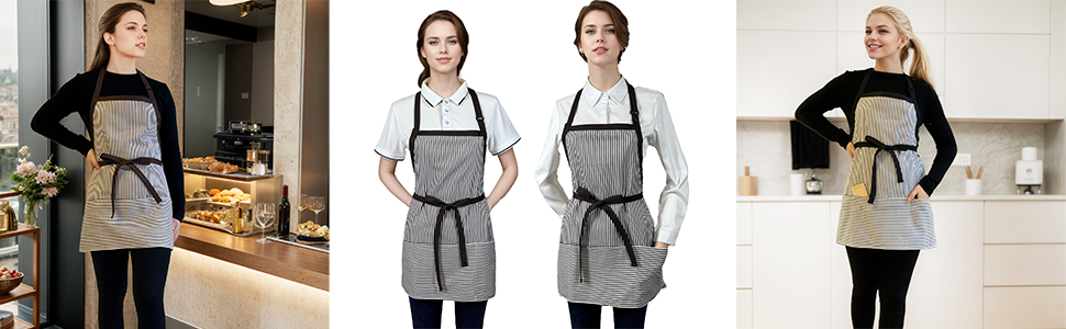 Women's Short Striped Apron with Pocket