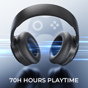 Multiple views of black gaming headphones with over-ear design. Text reads "70H HOURS PLAYTIME". Shows various angles highlighting the curved design and padded ear cushions.