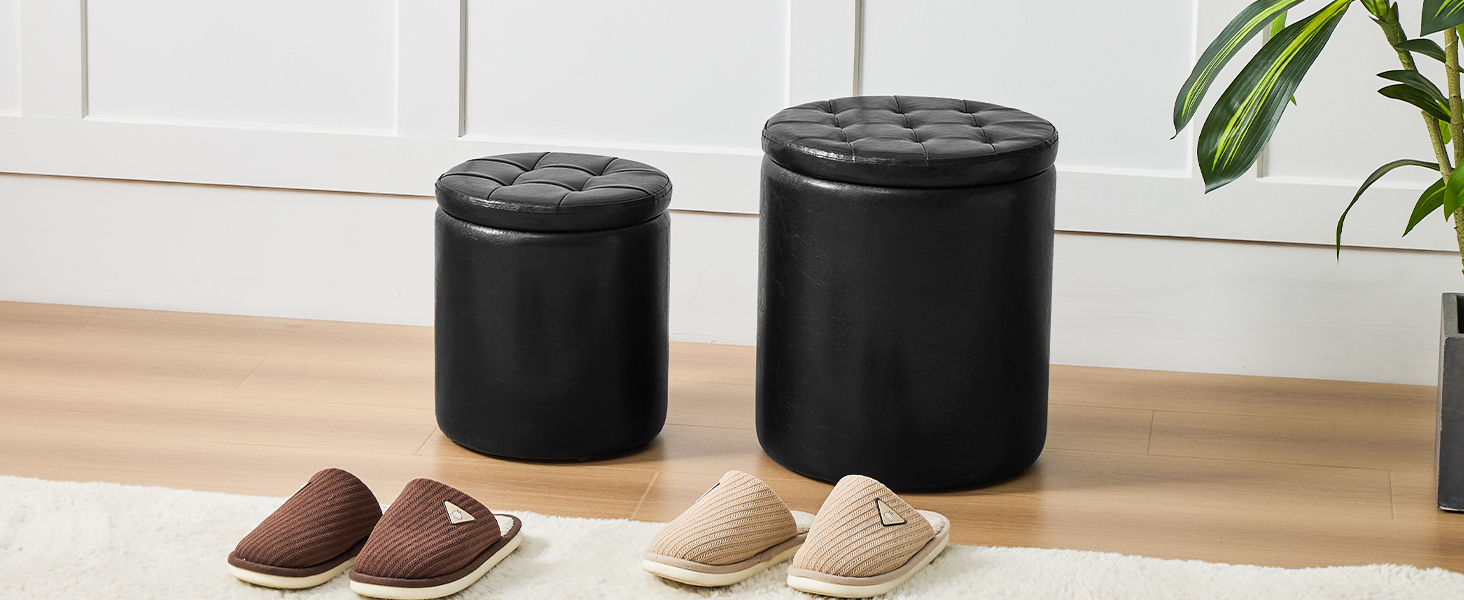 oakvivo Round Ottoman Foot Stool with Storage Set of 2, Storage Ottoman, Faux Leather Footstool