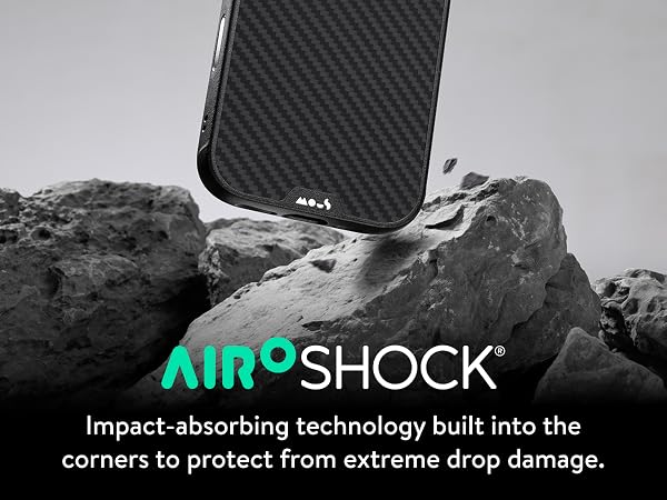 Text reads 'AIROSHOCK' and 'Impact-absorbing technology built into the corners to protect from extreme drop damage.' Product demonstration against rocky background.
