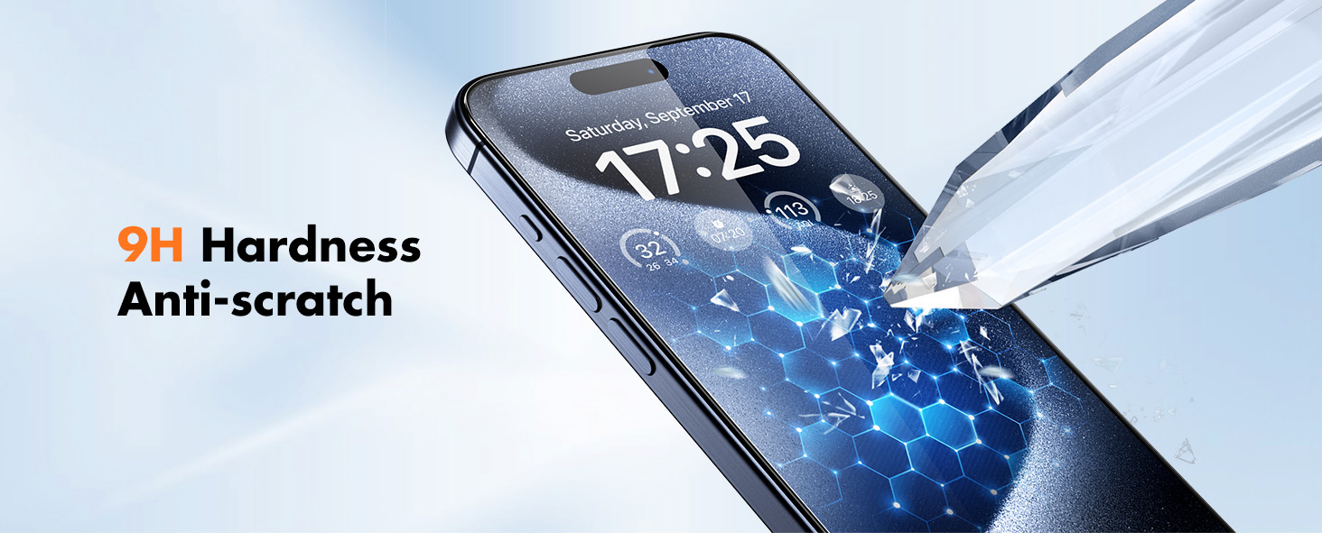 Smartphone screen protector demonstration, showing a pointed object unable to scratch the surface. Text indicates 9H hardness and anti-scratch properties.