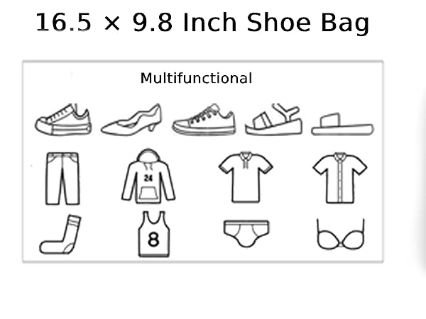 Multifunctional storage bag measuring 16.5 x 9.8 inches, shown with diagram illustrating various clothing and shoe storage capabilities and dimensions.