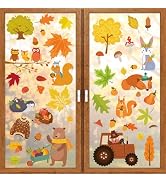 Fall Window Clings, 6 Sheets 75 Pcs Fall Maple Leaves Animals Window Decals Stickers Thanksgiving...