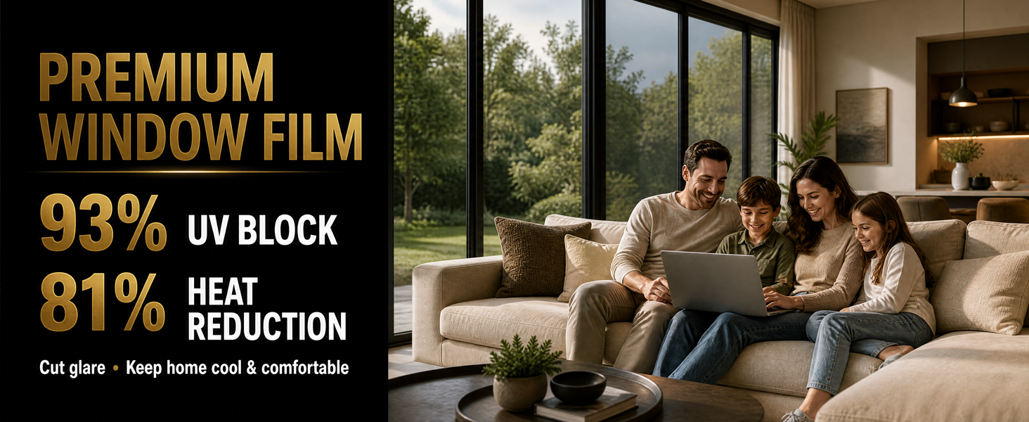 Sun blocking window film cuts high electric AC bills for hot sunny living room glass.