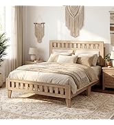Giantex Wood Full Size Bed Frame with Upholstered Headboard, Mid-Century Platform Bed w/Wooden Sl...