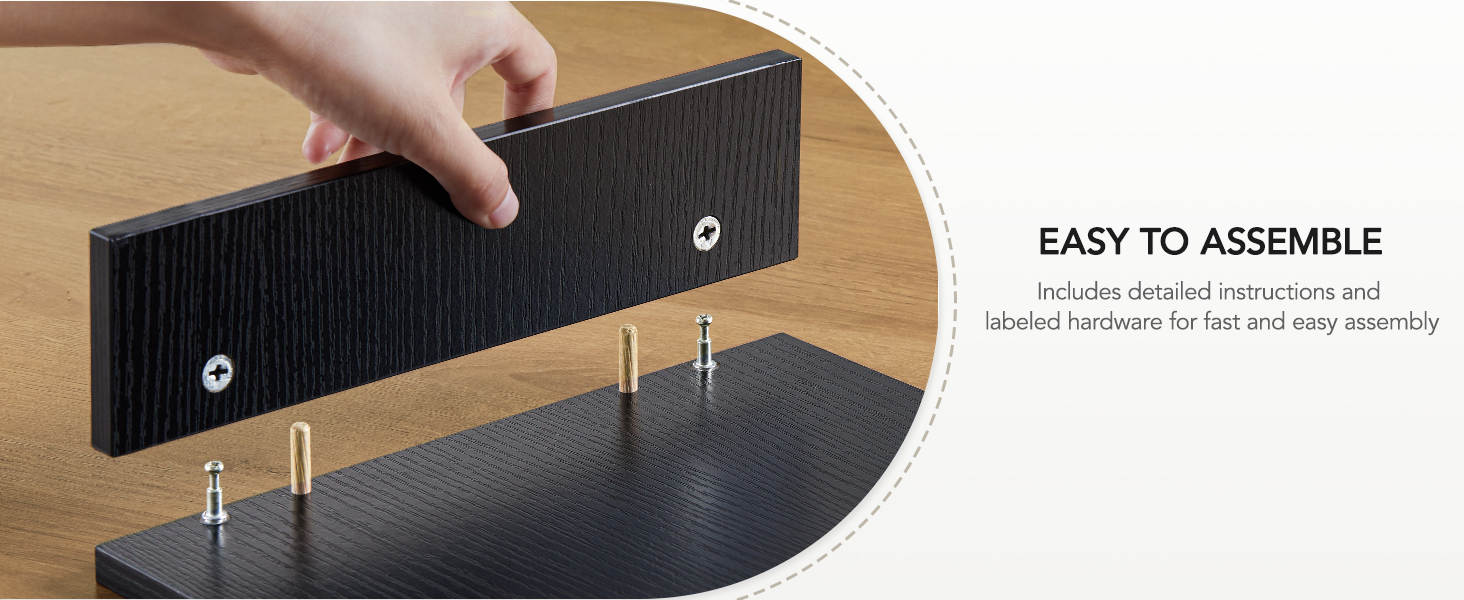 Text reads 'EASY TO ASSEMBLE'. Multiple images showing assembly steps of a dark-colored furniture piece with metal hardware components.