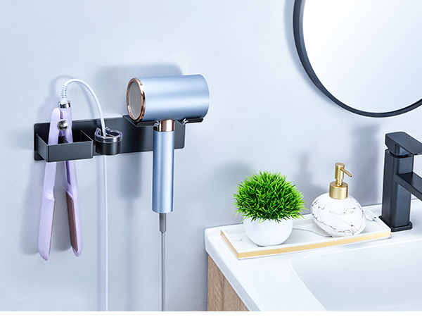 Multiple product images showing a white bathroom with mounted storage solutions, including wall-mounted holders, shelves, and hooks displaying towels and bathroom accessories