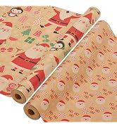Two rolls of kraft wrapping paper featuring Santa Claus, penguin, and holiday gift patterns in red and white designs.