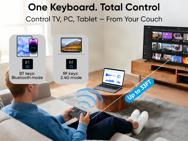 Mini keyboard with touchpad, dual-mode 2.4G and Bluetooth, convenient for controlling home devices.