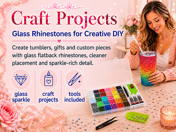 Glass flatback rhinestones used on a tumbler for creative DIY craft supplies, rhinestone kit