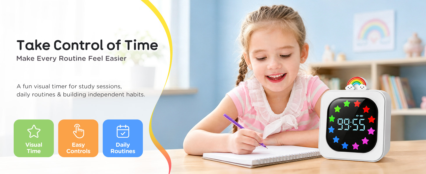 Digital Visual Timer for Kids Star Rainbow LED Display Green White Blue Rechargeable 99-Minute
