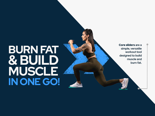 Text reads 'BURN FAT & BUILD MUSCLE IN ONE GO!' Athletic training advertisement showing dynamic exercise movements against dark blue background.