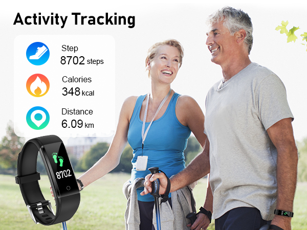 Black fitness tracker showing activity stats including 8702 steps, 348 calories, and 6.09km distance, displayed alongside workout activity interface