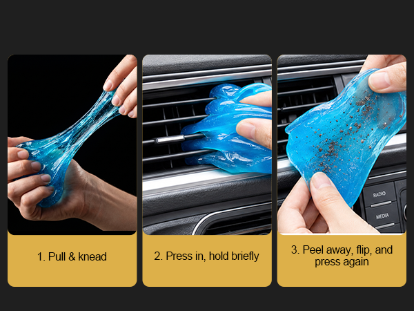Step-by-step guide showing how to knead, press, and peel car cleaning putty to lift dirt