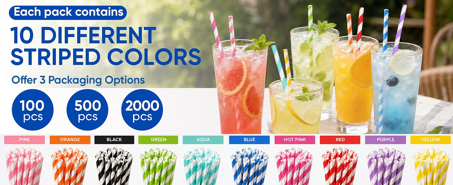 10 striped colors paper drinking straws