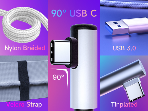 90° USB C , Nylon Braided , Velcro Strap , USB 3.0 , Tinplated