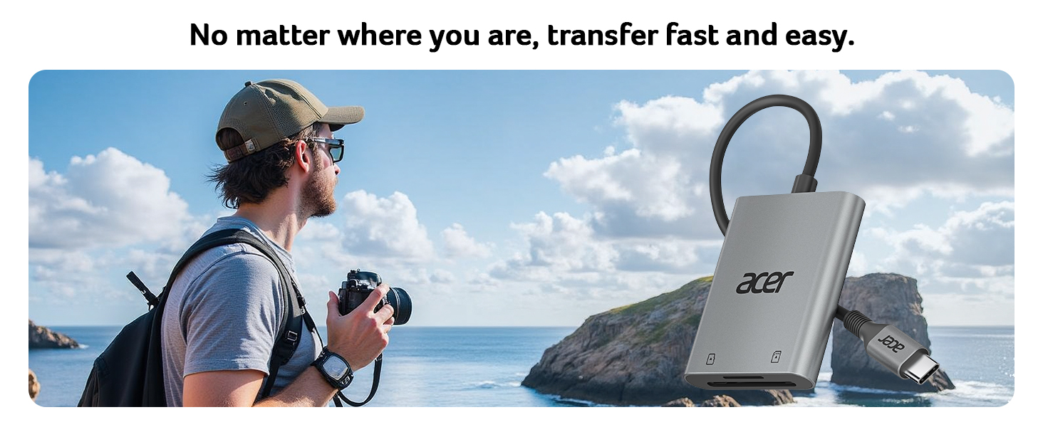 Acer USB-C hub displayed alongside a photographer at a coastal location. The hub features multiple ports for device connectivity in outdoor settings.