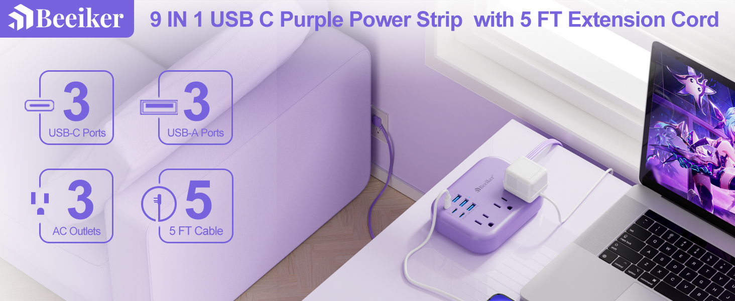 6 USB(3 USB C) Purple Travel Power Strip- 5Ft Purple Extension Cord 3 Outlets