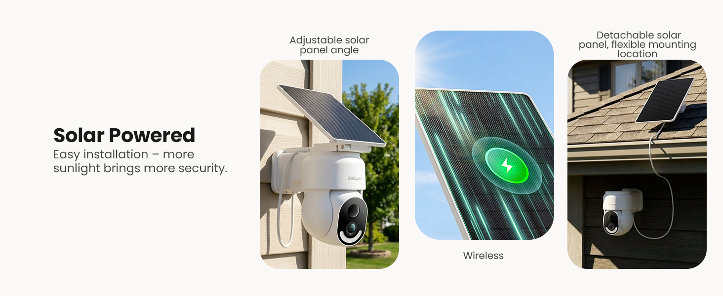 Text reads 'Solar Powered' with tagline about solar energy technology. Three product images showing: outdoor solar lantern/light, solar charging device, and solar power bank. Demonstrates solar-powered product variants.