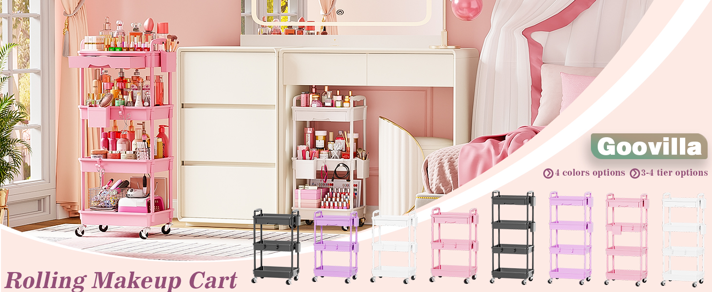 Goovilla makeup cart,3–4 tiers,4 colors,easily organize beauty essentials for a neat and attractive