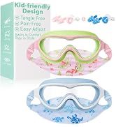 Pixel Panda 2 Pack Kids Goggles with Fabric Strap, Swim Goggles for Kids 6-14, Wide View Swimming...