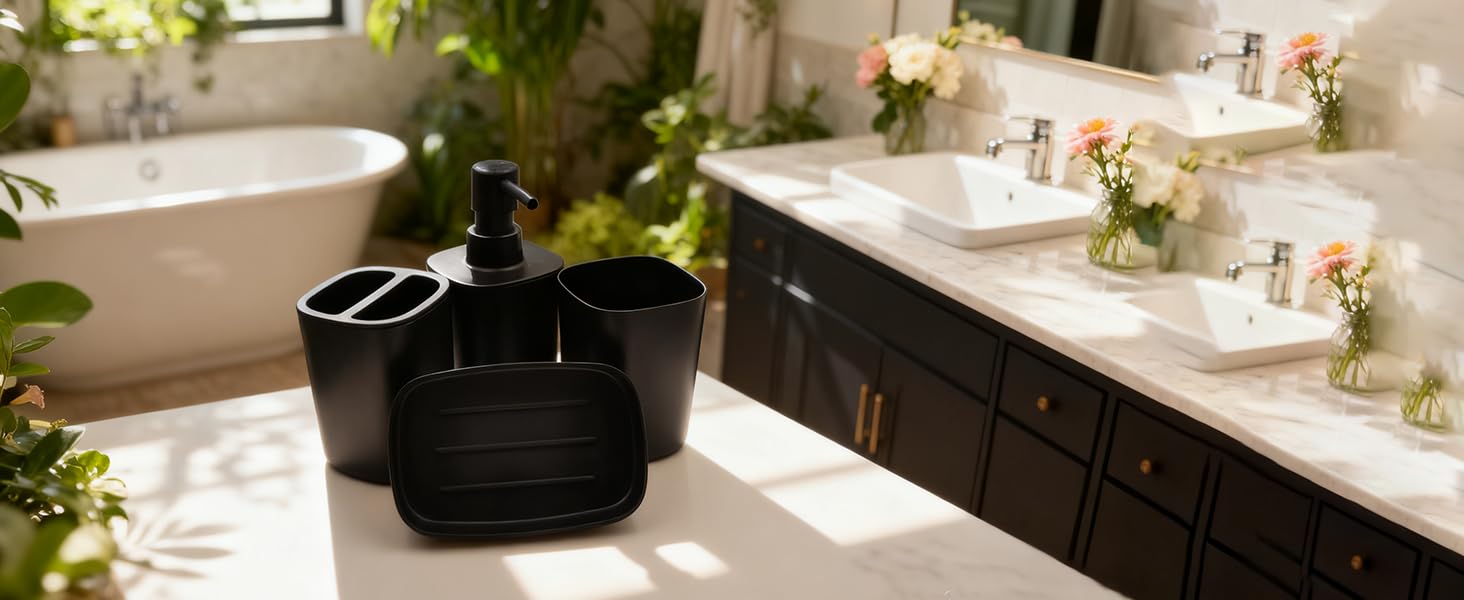 black plastic bathroom accessories set