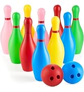 Kids Bowling Set - 10 Colorful Plastic Pins & 2 Lightweight Bowling Balls - Family Fun Indoor & O...